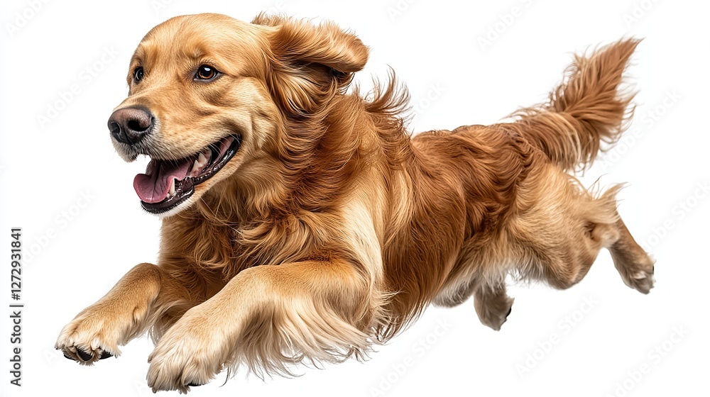 Poster golden retriever dog running and jumping happily on transparent background isolated png image of pla