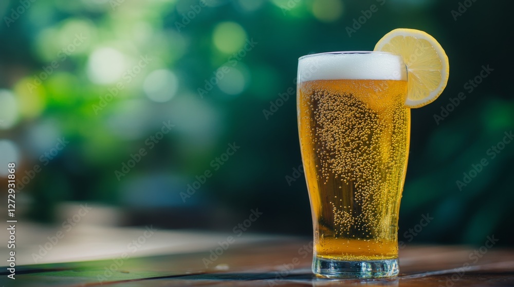 Poster a refreshing lager in a tall glass with bubbles rising to the surface, accompanied by a slice of lem