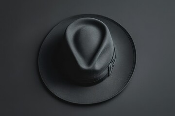 Elegant dark fedora hat resting on a monochromatic surface