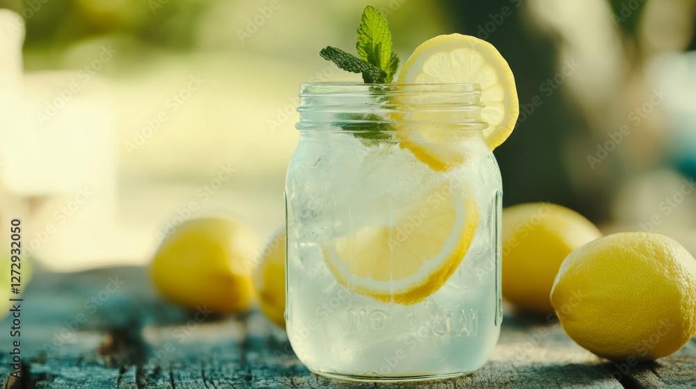 Poster a refreshing soda served in a mason jar with ice, topped with a lemon slice and mint, sitting on a r