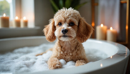 Calm Poodle puppy relaxing in bathtub filled with bubbles surrounded by candles in a cozy bathroom