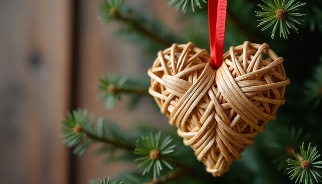 Decorative woven heart ornament hanging on a Christmas tree branch with a festive backdrop