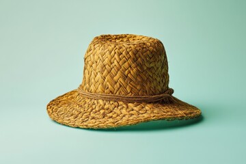 Woven straw hat with simple rope band sits isolated