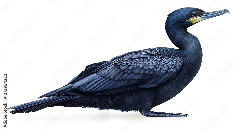 Poster great cormorant bird with detailed feathers in profile view isolated on a transparent background for