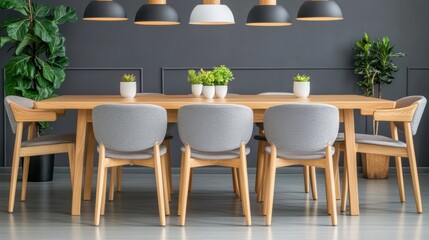 Spacious Modern Dining Room with Wooden Table and Grey Chairs Surrounded by Green Plants