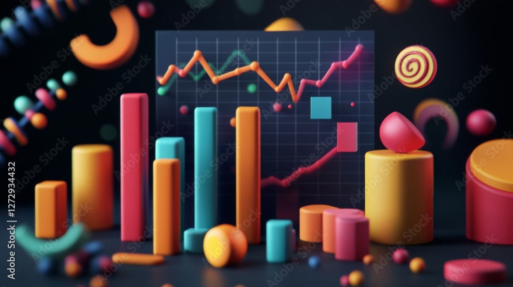 Aufkleber A set of colorful D financial graphs showing stock performance and business growth, set against a dark background with digital elements.