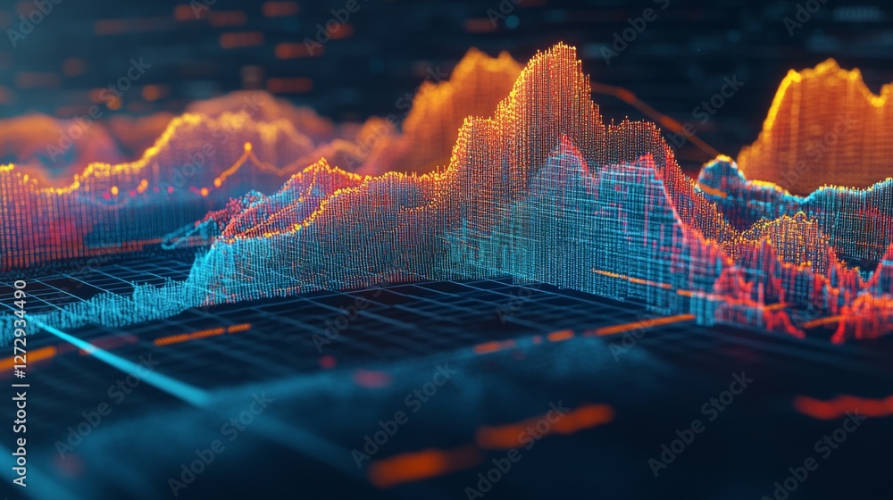 Poster a set of colorful d financial graphs showing stock performance and business growth, set against a da