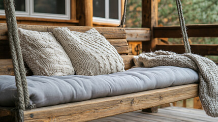 Wooden swing bench cozy porch seating rustic farmhouse style soft cushions neutral pillows warm knit blanket inviting outdoor relaxation serene countryside peaceful charming retreat natural aesthetic