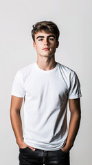 Fototapeta premium Modern Young Man in a White T-Shirt Casual Fashion Mockup