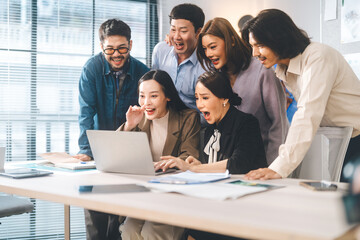 Happy moment group of business asian people success project approve victory deal