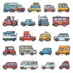Colorful cartoon vehicles collection illustrative art digital design playful atmosphere eye-level perspective