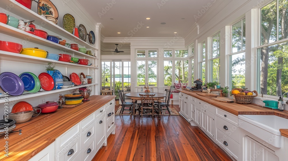 Aufkleber a spacious kitchen with large windows allowing natural light to flood in, highlighting the open shel