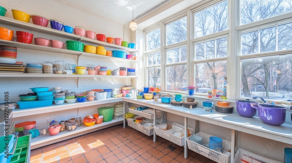 Aufkleber a spacious kitchen with large windows allowing natural light to flood in, highlighting the open shel