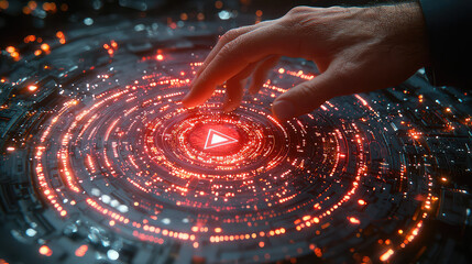 Hand activating futuristic interface; glowing circles, red play button; technological background; for tech or media