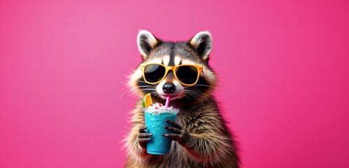 A playful raccoon wearing sunglasses holds a colorful drink against a vibrant pink background. Perfect for summer-themed marketing, social media, or animal-related content.