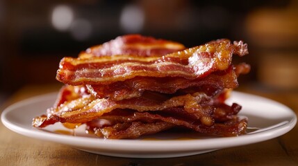 A stack of crispy bacon on a white plate, with a light drizzle of maple syrup, creating a deliciously tempting breakfast scene against a warm background.