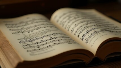 Fototapeta premium Open music book displaying sheet music on a rustic wooden surface in a dimly lit space