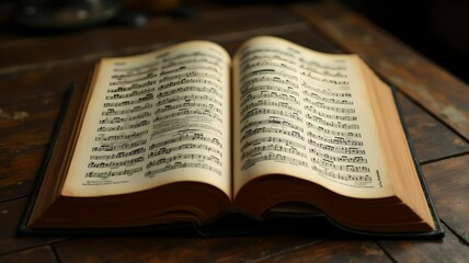 Fototapeta premium Open music book displaying sheet music on a rustic wooden surface in a dimly lit space