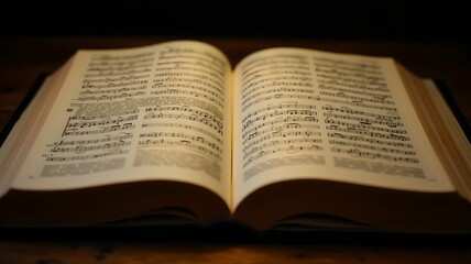 Obraz premium Open music book displaying sheet music on a rustic wooden surface in a dimly lit space