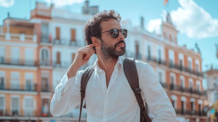 Exploring urban fashion stylish man in sunglasses city square portrait photography bright day...