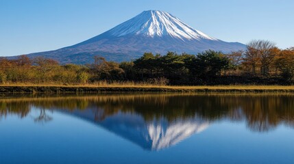 Obraz premium Majestic Mount Fuji Reflecting on a Calm Lake in Autumn