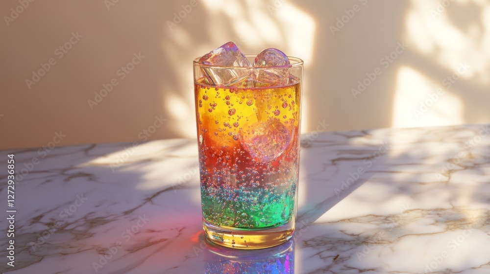 Poster a vibrant glass of soda with colorful bubbles and ice cubes, positioned on a marble countertop, with