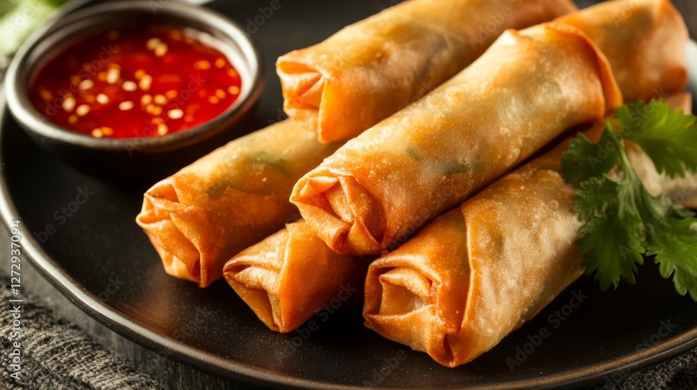 Wall mural A vibrant plate of fried spring rolls, showcasing the golden-brown crispy exterior and served with a side of sweet chili sauce for dipping.