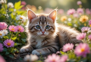 Playful kitten among vibrant flowers during golden hour
