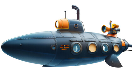 Submarine Underwater with Periscope 3D Cartoon Style Illustration on White Background