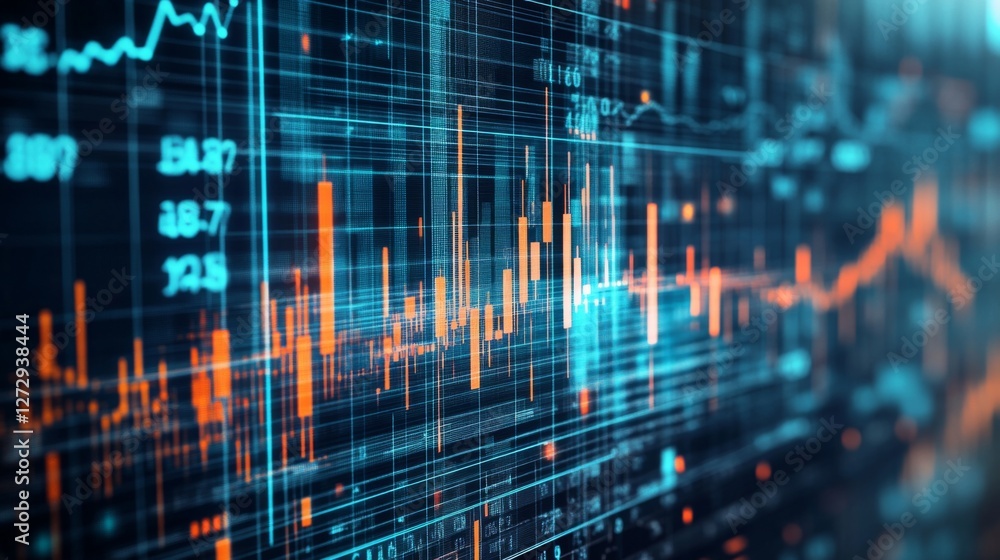 Poster digital financial graphs and line charts overlaid on a futuristic background, representing data anal