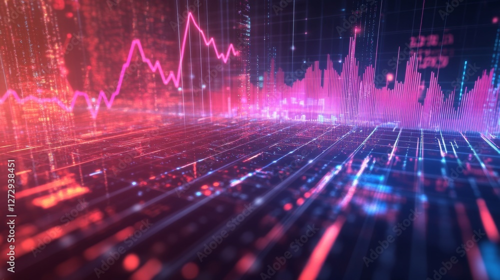 Aufkleber digital financial graphs and line charts overlaid on a futuristic background, representing data anal