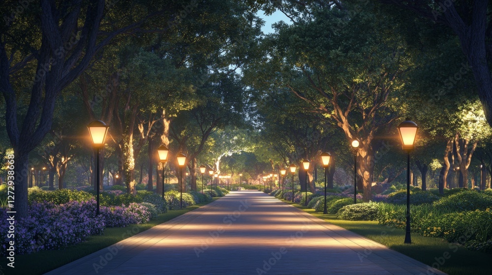 Poster streetlights glowing softly along a tree-lined road, casting long shadows and creating a peaceful ev