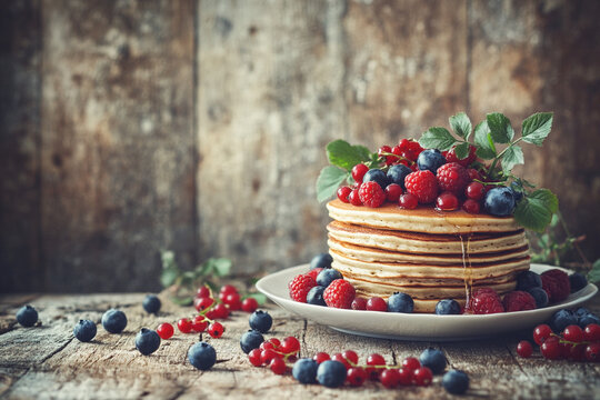Pancake Day. a pile of pancakes with caramel syrup and berries scattered around . a dish for shrove tuesday or the end of carnival