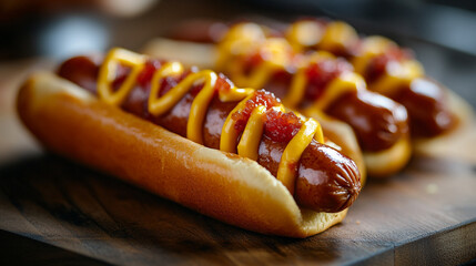 Mouthwatering hot dogs topped with mustard and relish, perfect for a summer barbecue gathering