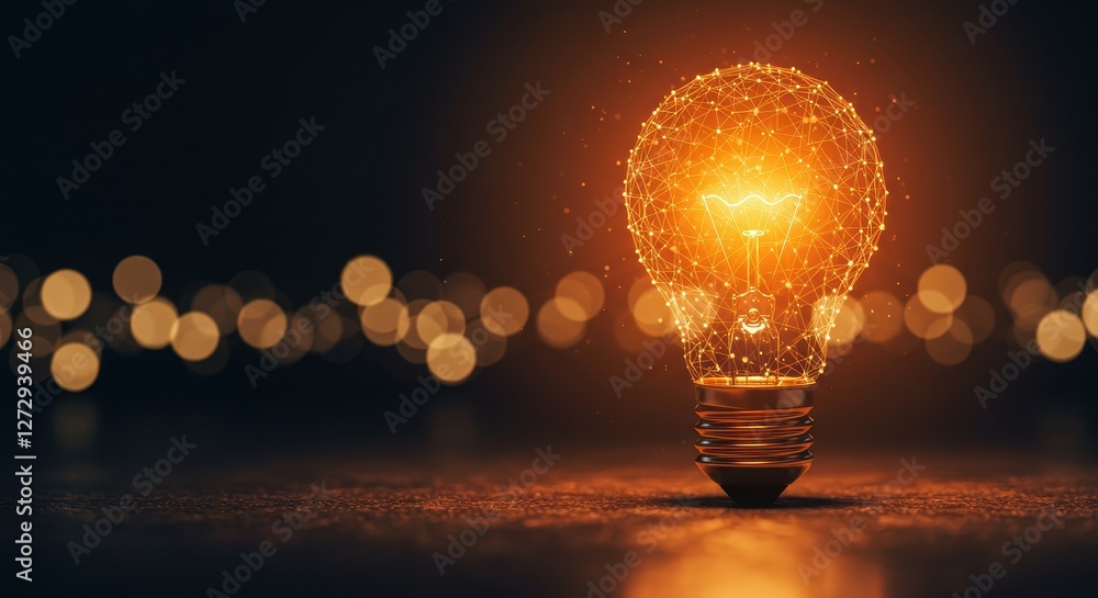Poster a glowing light bulb composed of a network of interconnected points and lines emitting a warm orange