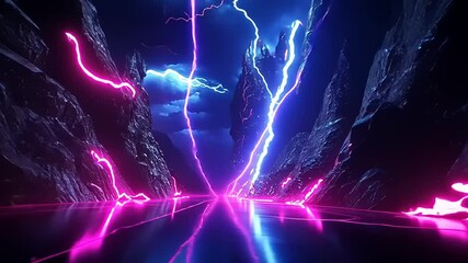 A vibrant, surreal landscape featuring neon lightning and reflective surfaces. - Powered by Adobe