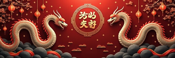 Obraz premium A stunning illustration of two golden dragons against a rich red background, perfect for celebrating Chinese New Year or enhancing Chinese cultural themes in design projects.