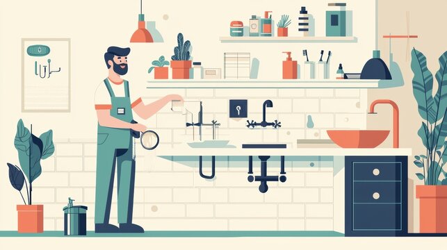 Apprentice plumber at work in a modern kitchen graphic illustration serene environment focus on plumbing techniques