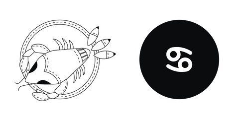 Zodiac horoscope. Cancer astrological icon symbol. Stylized star sign esoteric. Simple line vector illustration.