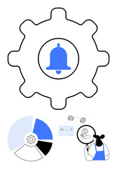 Gear icon with bell, a small pie chart, person analyzing financial document and currency symbols. Ideal for notifications, settings, configuration, alerts, finance management, data analysis business