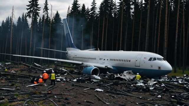 A plane has broken in the middle of a forest, surrounded by towering pines. Emergency responders, including firefighters and paramedics, work amid smoke to provide help