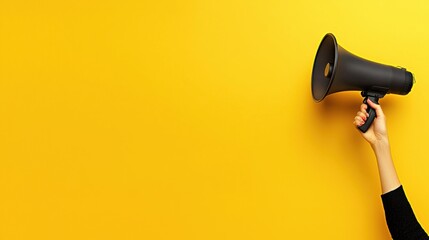 Advocacy event with megaphone urban setting action photography yellow background focus on communication