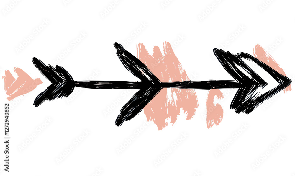 Poster hand-drawn brush stroke arrow with artistic elements on transparent background