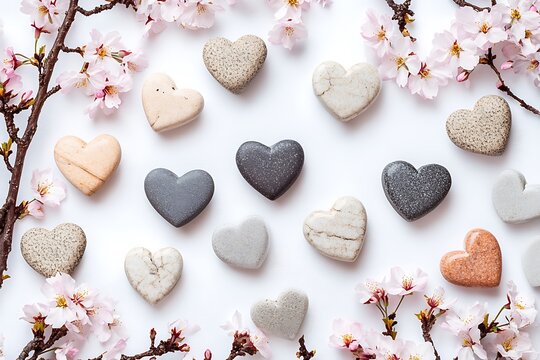 Zen Women's Day banner with zen stone hearts and tranquil cherry blossoms on a meditative white canvas. - Powered by Adobe