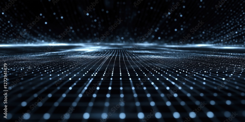 Poster digital grid landscape with glowing dots and lines in dark space