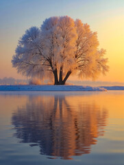 A lone tree is reflected in the water of a lake