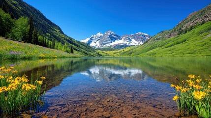 Maroon bells peaks reflected in calm waters of maroon lake