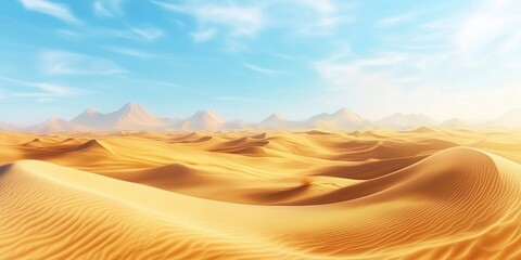 Vast golden sand dunes under a bright blue sky in a serene desert landscape