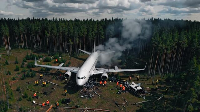 Top down shot of a broken plane in the middle of a forest, surrounded by towering pines. Emergency responders, including firefighters and paramedics, work amid smoke to secure the scene.