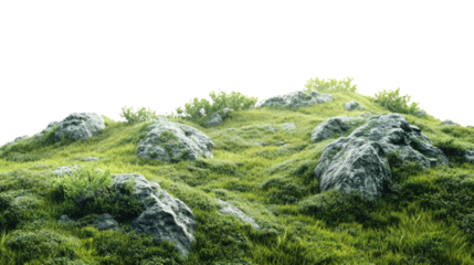 Scenic mountain trail through lush greenery and rocky terrain png isolated on transparent background